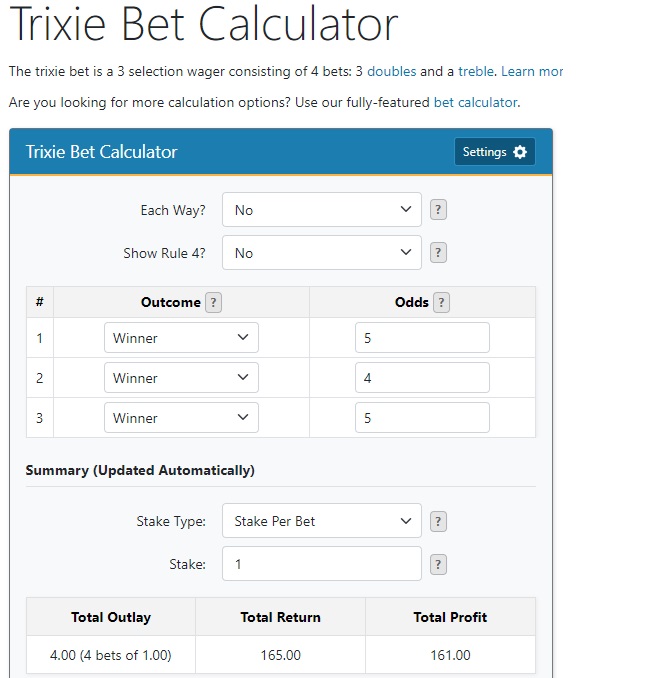 a trixie bet calculator from acceodds.com detailing possible returns from an example bet